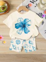 SHEIN 2pcs/Set Toddler Girls' Casual Hibiscus Flower, Marine Life, Shell, Bow Print Loose Round Neck Short Sleeve T-Shirt And Fitted Bike Shorts Set, Suitable For Spring/Summer, Casual, Beach, Weekend, Cute Summer Outfit For Young Girl, Korean Style, Summer Outerwear, Young Girl Summer Clothes, Young Girl Shell Set, Young Girl Beach Set