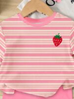 Souflis Souflis 1 Set Baby Girls' Fashionable Sweet Cute Striped Strawberry Print Short Sleeve Round Neck T-Shirt And Shorts Set, Suitable For Casual And Outdoor Wear - Image 2