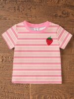 Souflis Souflis 1 Set Baby Girls' Fashionable Sweet Cute Striped Strawberry Print Short Sleeve Round Neck T-Shirt And Shorts Set, Suitable For Casual And Outdoor Wear - Image 4