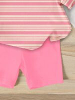 Souflis Souflis 1 Set Baby Girls' Fashionable Sweet Cute Striped Strawberry Print Short Sleeve Round Neck T-Shirt And Shorts Set, Suitable For Casual And Outdoor Wear - Image 3