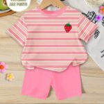 Souflis Souflis 1 Set Baby Girls' Fashionable Sweet Cute Striped Strawberry Print Short Sleeve Round Neck T-Shirt And Shorts Set, Suitable For Casual And Outdoor Wear