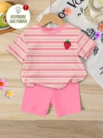 Souflis Souflis 1 Set Baby Girls' Fashionable Sweet Cute Striped Strawberry Print Short Sleeve Round Neck T-Shirt And Shorts Set, Suitable For Casual And Outdoor Wear
