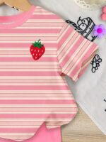 Souflis Souflis 1 Set Baby Girls' Fashionable Sweet Cute Striped Strawberry Print Short Sleeve Round Neck T-Shirt And Shorts Set, Suitable For Casual And Outdoor Wear - Image 5
