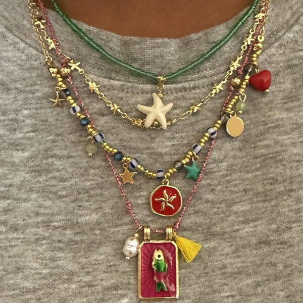 4pcs Bohemian Handmade Beaded Colorful Square Fish & Starfish Pendant Multilayer Necklace Set For Women, Suitable For Daily, Party, Beach, All Seasons