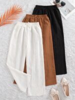 3pcs/Set Girls' Casual Solid Color Pants With Bow Decor Elastic Waistband, Suitable For Spring & Autumn