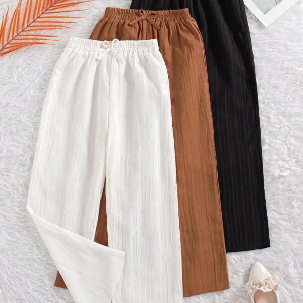 3pcs/Set Girls' Casual Solid Color Pants With Bow Decor Elastic Waistband, Suitable For Spring & Autumn