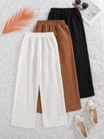 3pcs/Set Girls' Casual Solid Color Pants With Bow Decor Elastic Waistband, Suitable For Spring & Autumn - Image 2
