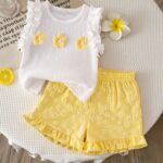 Toddler Girls' Summer Bow Decor Top And Snowflake Textured Shorts Set