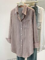 Women's Classic Striped Long Sleeve Shirt, With Collar, Front Button Design, Pocket Decor, Suitable For Office & Casual Wear In Spring, Summer, Autumn And Winter - Image 3
