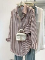 Women's Classic Striped Long Sleeve Shirt, With Collar, Front Button Design, Pocket Decor, Suitable For Office & Casual Wear In Spring, Summer, Autumn And Winter - Image 2