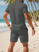 2pcs/Set Men's Fashion Minimalist Casual English Graphic Short Sleeve Polo Shirt And Shorts Set, Suitable For Strolling, Dating, Home, Gym, Jogging, Walking, Beach, Short Trips, Daily Wear - Image 3