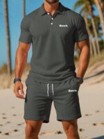 2pcs/Set Men's Fashion Minimalist Casual English Graphic Short Sleeve Polo Shirt And Shorts Set, Suitable For Strolling, Dating, Home, Gym, Jogging, Walking, Beach, Short Trips, Daily Wear