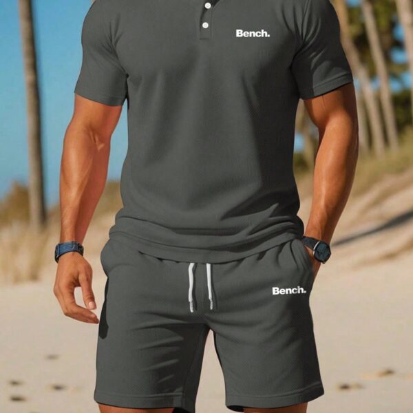 2pcs/Set Men's Fashion Minimalist Casual English Graphic Short Sleeve Polo Shirt And Shorts Set, Suitable For Strolling, Dating, Home, Gym, Jogging, Walking, Beach, Short Trips, Daily Wear