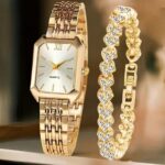 2pcs Women's Quartz Watch & Heart-Shaped Bracelet Jewelry Set, Elegant Retro Luxury Minimalist Dial, Suitable For Daily Wear, Party Decoration Or Gifts For Friends And Mothers On Mother's Day, Valentine's Day And Other Holidays
