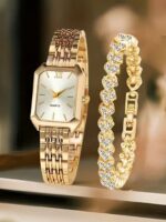 2pcs Women's Quartz Watch & Heart-Shaped Bracelet Jewelry Set, Elegant Retro Luxury Minimalist Dial, Suitable For Daily Wear, Party Decoration Or Gifts For Friends And Mothers On Mother's Day, Valentine's Day And Other Holidays