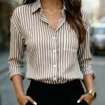 Women's Classic Striped Long Sleeve Shirt, With Collar, Front Button Design, Pocket Decor, Suitable For Office & Casual Wear In Spring, Summer, Autumn And Winter