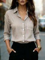 Women's Classic Striped Long Sleeve Shirt, With Collar, Front Button Design, Pocket Decor, Suitable For Office & Casual Wear In Spring, Summer, Autumn And Winter