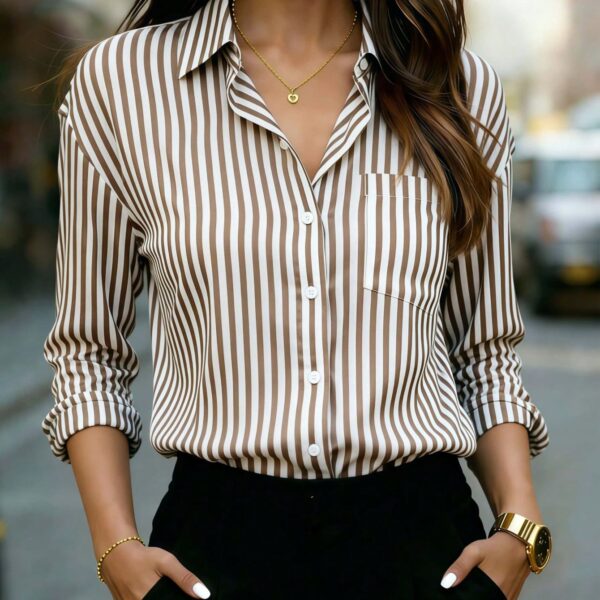 Women's Classic Striped Long Sleeve Shirt, With Collar, Front Button Design, Pocket Decor, Suitable For Office & Casual Wear In Spring, Summer, Autumn And Winter