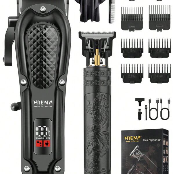 HIENA 2 Pieces Professional Hair Clipper Set, Cordless Hair Trimmer For Men, 5 Models And Styles, T9 Blade For Smooth Shaving, USB Charging Port With LED Indicator, 1500mAh Lithium Battery, Best Companion For Home Haircut
