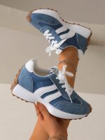 2026 New Women Thick Sole Sneakers, Lace-Up Casual Chunky Sneakers, Flat Platform, Breathable Patchwork, Spring/Summer, Height Increasing