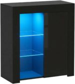 Panana Sideboard Storage Cupboard High Gloss Front Cabinet RGB Multicolor LED Lighting with Doors and Shelves Living Room Furniture (Black)