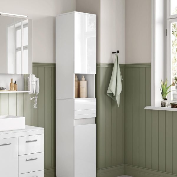 VASAGLE Tall Bathroom Cabinet, Slim Storage Cabinet, Narrow Cupboard, Bathroom Storage Unit, with a Drawer, Adjustable Shelves, 30 x 30 x 170 cm, White BBC560P31