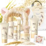 Luxury 14PCS Rice Korean Skincare Set | Complete Routine with SPF50, Cleanser, Serum, Eye Cream & Tools | Premium Travel Rice Skin Care Sets & Kits for Women, Teen, Mom | Birthday, Christmas Gift Set