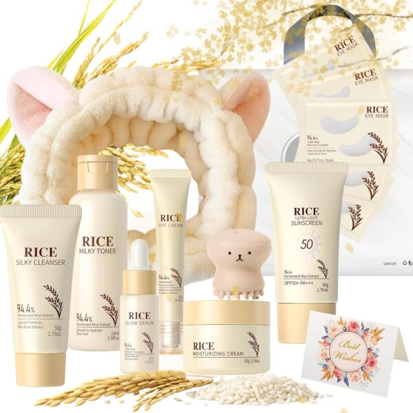 Luxury 14PCS Rice Korean Skincare Set | Complete Routine with SPF50, Cleanser, Serum, Eye Cream & Tools | Premium Travel Rice Skin Care Sets & Kits for Women, Teen, Mom | Birthday, Christmas Gift Set