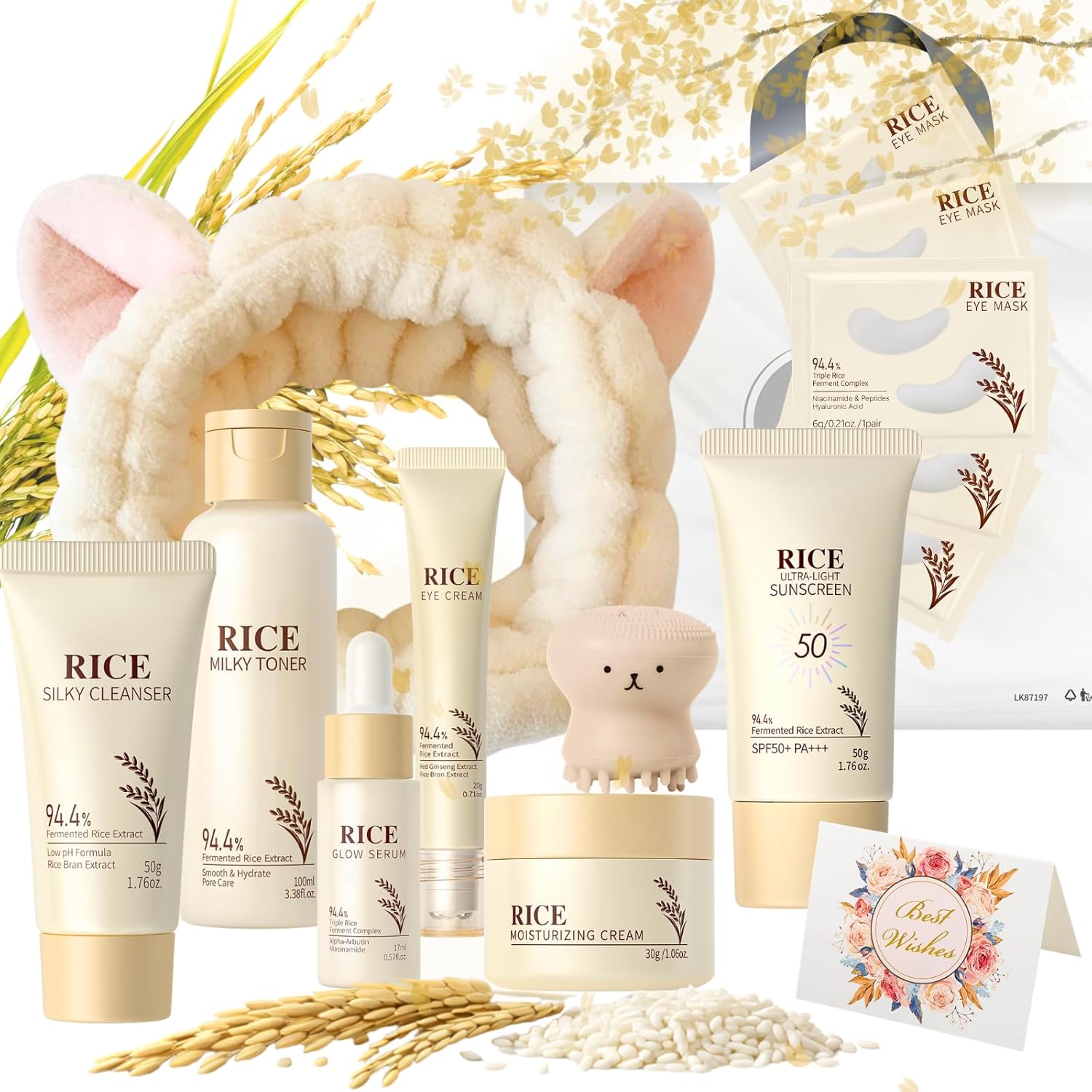 71jQtIQ2FoL._AC_SL1500_ Luxury 14PCS Rice Korean Skincare Set | Complete Routine with SPF50, Cleanser, Serum, Eye Cream & Tools | Premium Travel Rice Skin Care Sets & Kits for Women, Teen, Mom | Birthday, Christmas Gift Set - Image 1