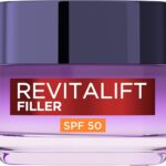 L’Oréal Paris SPF50 Cream Revitalift Filler Deep Replumping Anti-Ageing, UV Protection, Moisturising, Intensely Hydrates and Smooth Wrinkles with Macro, Micro and Micro-Epidermic Hyaluronic Acid, 50ml