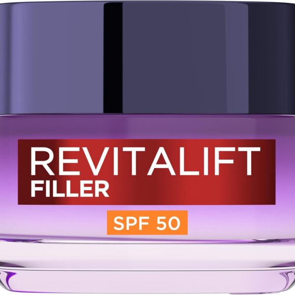L’Oréal Paris SPF50 Cream Revitalift Filler Deep Replumping Anti-Ageing, UV Protection, Moisturising, Intensely Hydrates and Smooth Wrinkles with Macro, Micro and Micro-Epidermic Hyaluronic Acid, 50ml
