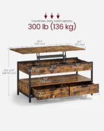VASAGLE Lift Top Coffee Table, Living Room Table, with Storage Drawers, Hidden Compartments, and Open Shelf, Rustic Brown and Ink Black LCT209K01 - Image 5