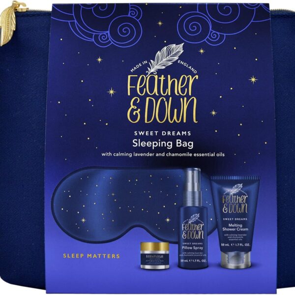 Feather & Down Sleeping Bag Gift Set (luxury eye mask, sleep balm, pillow spray and shower cream) - relaxation gift with calming lavender & chamomile essential oils perfect for Mothers Day | Sleeping Bag