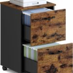 VASAGLE OFC040B01 Cabinet with 2 Drawers, Office Cabinet on Wheels, for A4 Documents, Hanging Files, Industrial Style, Rustic Brown and Black