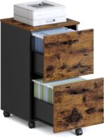 VASAGLE OFC040B01 Cabinet with 2 Drawers, Office Cabinet on Wheels, for A4 Documents, Hanging Files, Industrial Style, Rustic Brown and Black