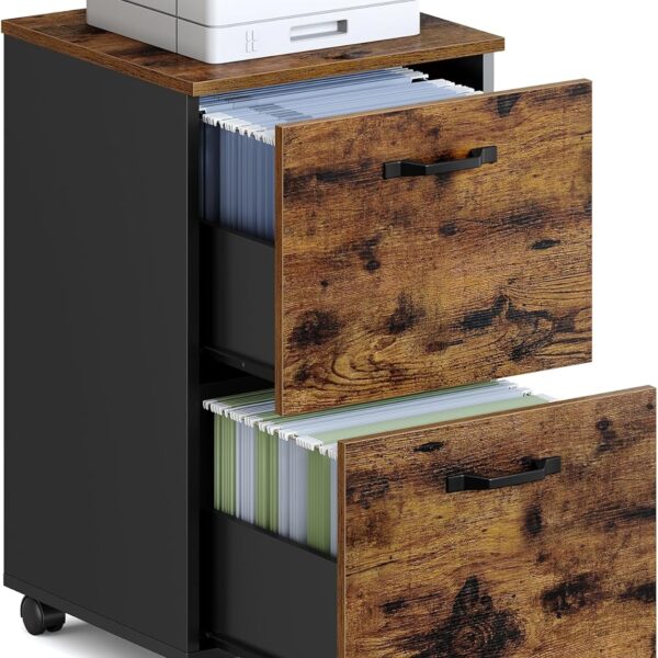 VASAGLE OFC040B01 Cabinet with 2 Drawers, Office Cabinet on Wheels, for A4 Documents, Hanging Files, Industrial Style, Rustic Brown and Black