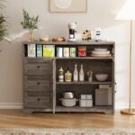 BonVache Sideboard Cabinet,Wooden Sideboard with Adjustable Shelf,3 Drawers and Open Shelf,Storage Cabinet for Living Room,Kitchen Storage Unit for Modern Home,Gray - Image 6