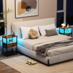 AMHANCIBLE Bedside Table Set of 2 with Charging Station, Small Side Table with LED Lights, Nightstand with Fabric Drawer and Open Storage Shelf, Bedside... - Image 2