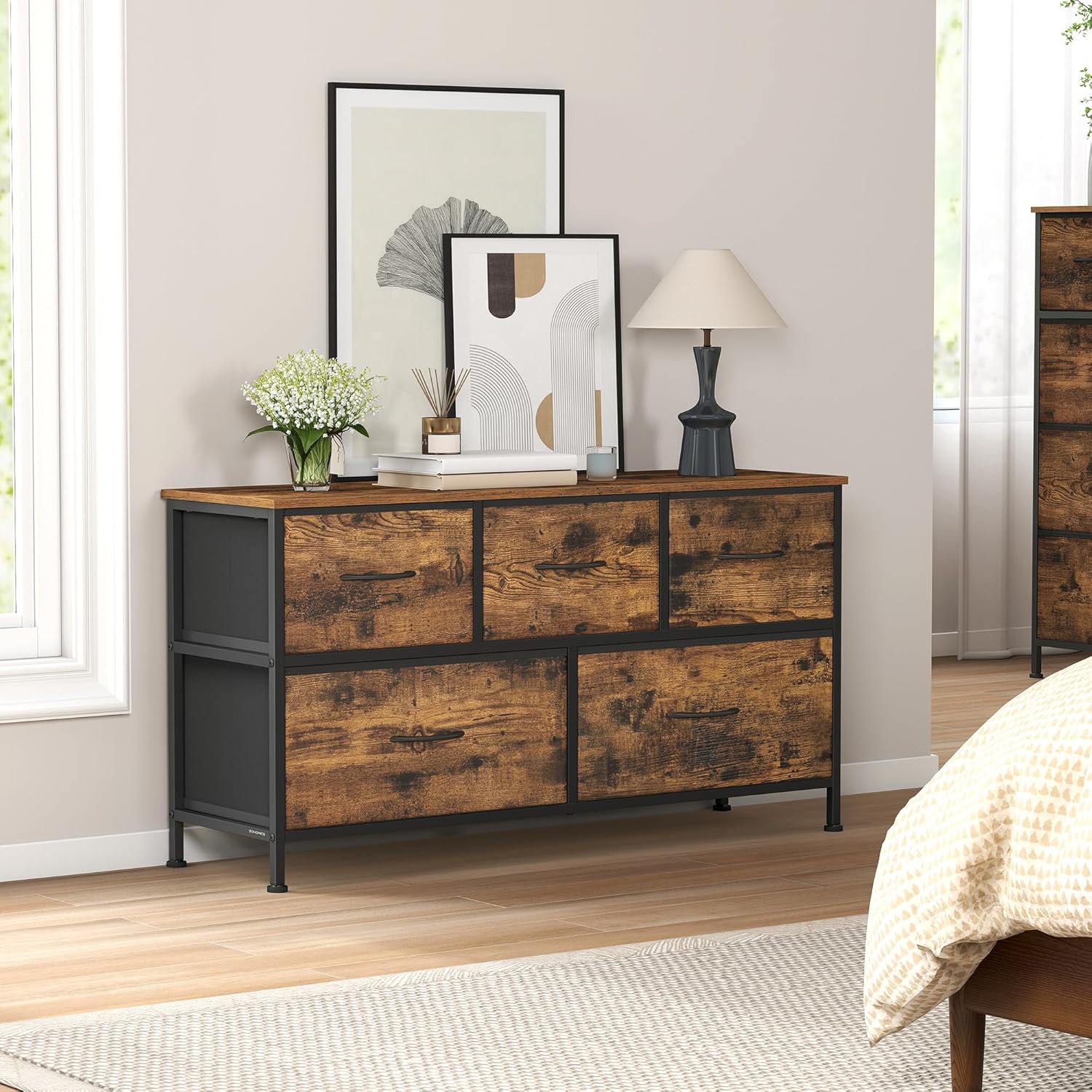 81KYQbgJLPL._AC_SL1500_ SONGMICS Chest of Drawers, 5 Storage Drawers Bedroom, Storage Unit, Steel, MDF, Non-Woven Fabric, for Bedroom, Closet, Hallway, Living Room, Rustic Brown and Ink Black LGS322BH04 - Image 1
