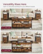 VASAGLE Lift Top Coffee Table, Living Room Table, with Storage Drawers, Hidden Compartments, and Open Shelf, Rustic Brown and Ink Black LCT209K01 - Image 3