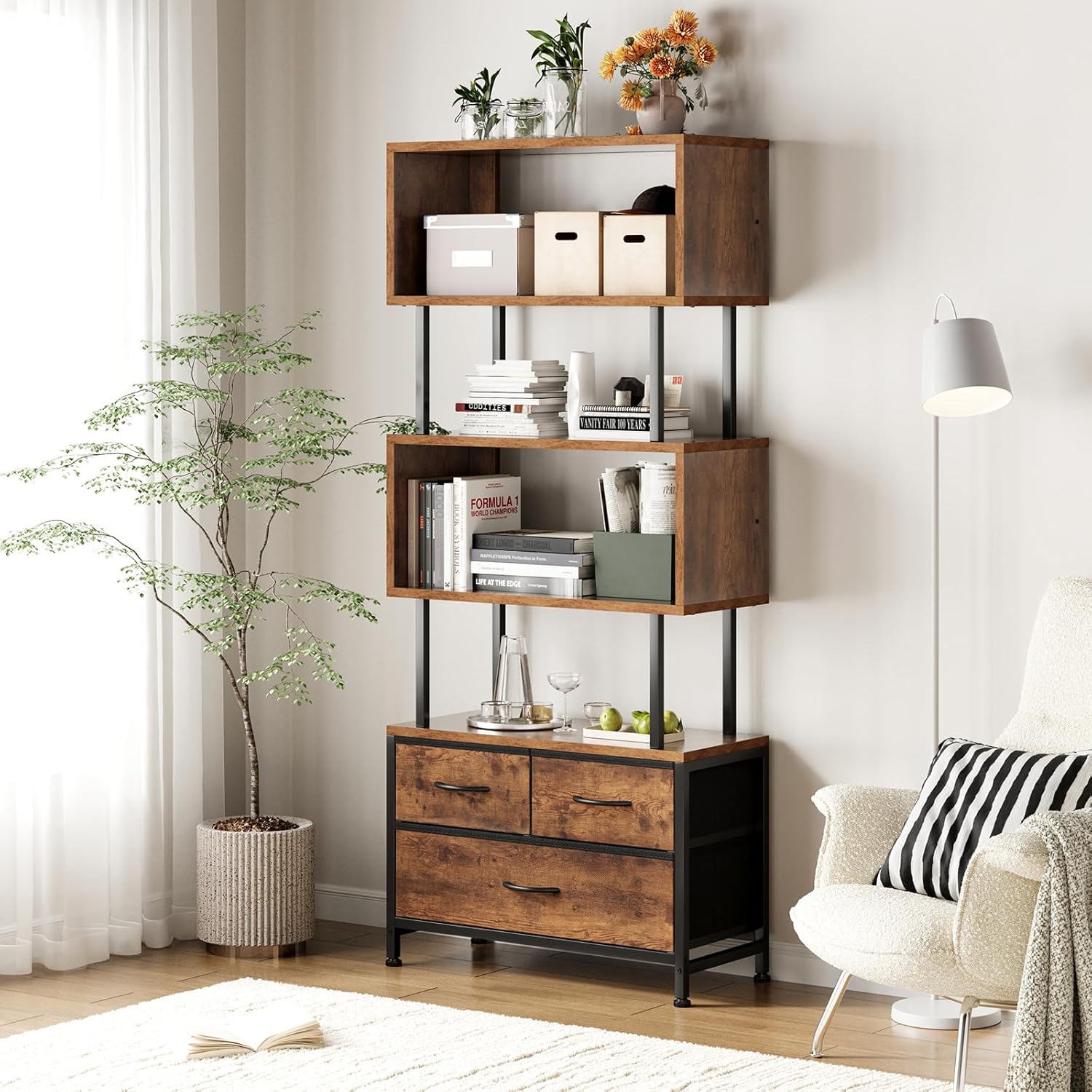 81TprTFRVoL._AC_SL1500_ Coleshome Shelves, Book Shelf with 5 Shelves, Bookcase with 3 Fabric Drawers, Shelf Unit Suitable for Bedroom, Office, Living Room, Kitchen, 60 x 24 x 155cm, Vintage Colours - Image 1