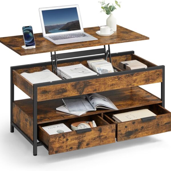 VASAGLE Lift Top Coffee Table, Living Room Table, with Storage Drawers, Hidden Compartments, and Open Shelf, Rustic Brown and Ink Black LCT209K01