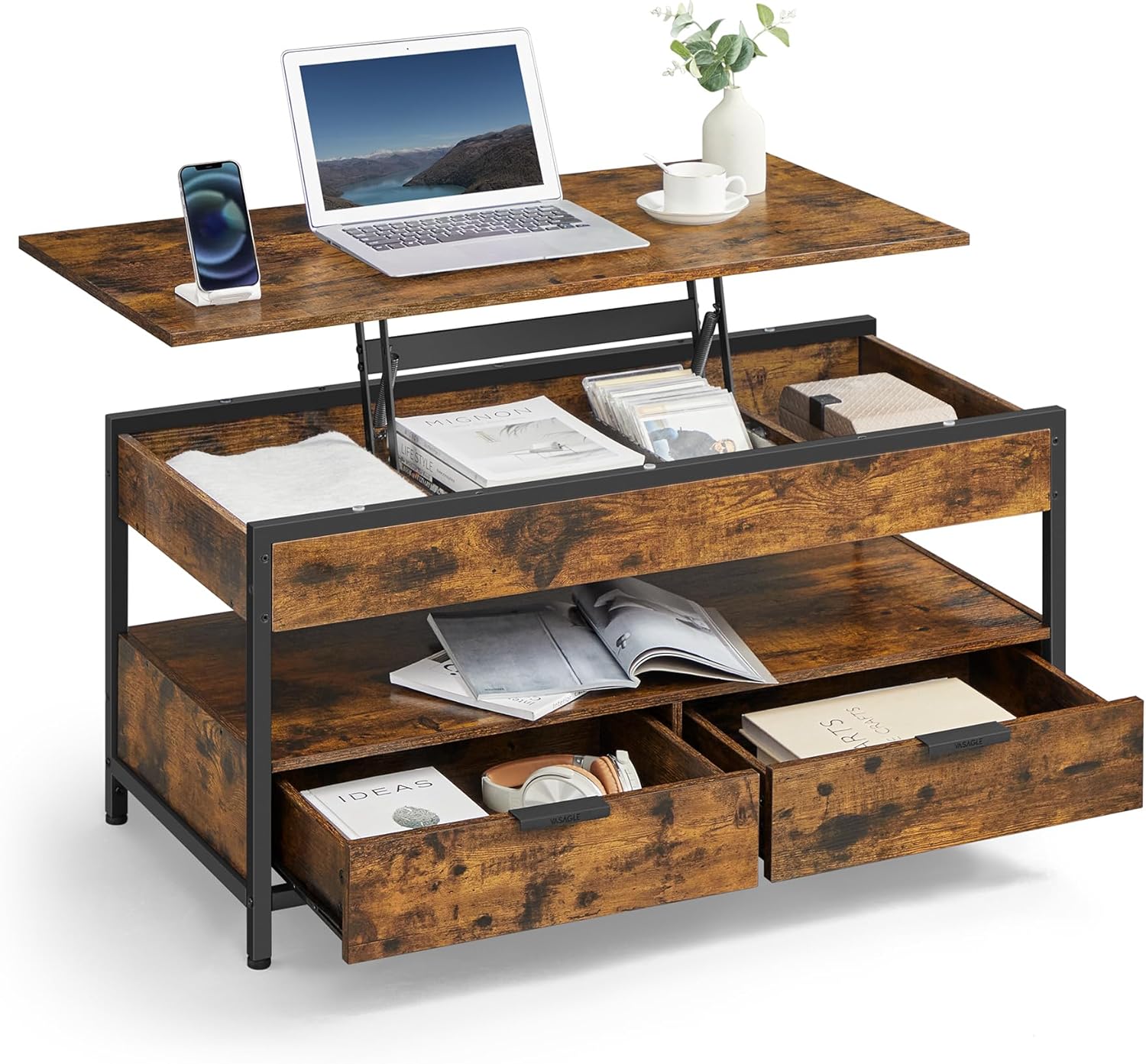 81k+TYSbJUL._AC_SL1500_ (1) VASAGLE Lift Top Coffee Table, Living Room Table, with Storage Drawers, Hidden Compartments, and Open Shelf, Rustic Brown and Ink Black LCT209K01 - Image 1