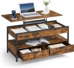 VASAGLE Lift Top Coffee Table, Living Room Table, with Storage Drawers, Hidden Compartments, and Open Shelf, Rustic Brown and Ink Black LCT209K01