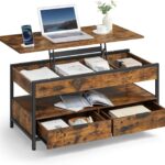 VASAGLE Lift Top Coffee Table, Living Room Table, with Storage Drawers, Hidden Compartments, and Open Shelf, Rustic Brown and Ink Black LCT209K01