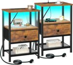 AMHANCIBLE Bedside Table Set of 2 with Charging Station, Small Side Table with LED Lights, Nightstand with Fabric Drawer and Open Storage Shelf, Bedside...