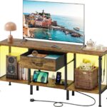 LED TV Stand Unit for 55 50 Inch TV with Socket and USB Slots, TV Cabinet with Fabric Drawer and Open Shelves, 120 cm TV Stand, Entertainment Center for Living Room Bedroom, Rustic Brown