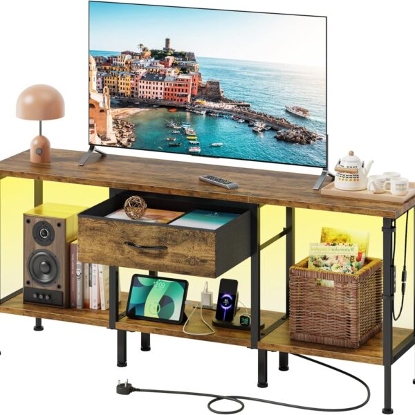 LED TV Stand Unit for 55 50 Inch TV with Socket and USB Slots, TV Cabinet with Fabric Drawer and Open Shelves, 120 cm TV Stand, Entertainment Center for Living Room Bedroom, Rustic Brown