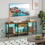 LED TV Stand Unit for 55 50 Inch TV with Socket and USB Slots, TV Cabinet with Fabric Drawer and Open Shelves, 120 cm TV Stand, Entertainment Center for Living Room Bedroom, Rustic Brown - Image 2