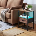 AMHANCIBLE Bedside Table Set of 2 with Charging Station, Small Side Table with LED Lights, Nightstand with Fabric Drawer and Open Storage Shelf, Bedside... - Image 8